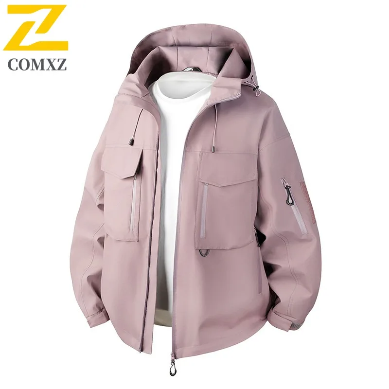 COMXZ 2025 Spring Color Block Hooded Jacket Mens Coat
