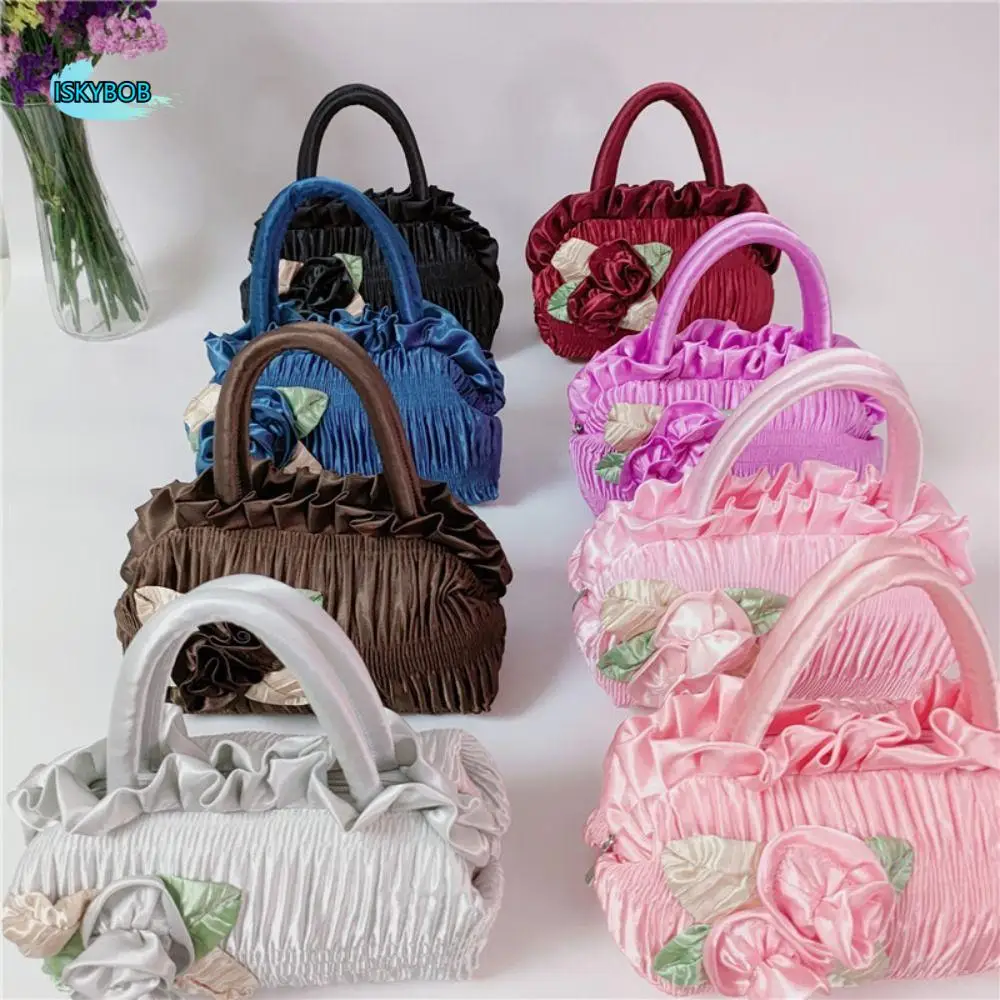 Leaf Hanfu Rose Flower Handbag Ruffle Bubble Zipper Flower Tote Bag Satin Silk Small Purse Wallet Ethnic Style Wrist Bag