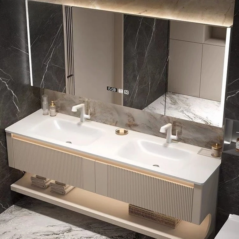 Bathroom washbasin basin cabinet rock slab hot bending integrated double basin oak bathroom cabinet combination