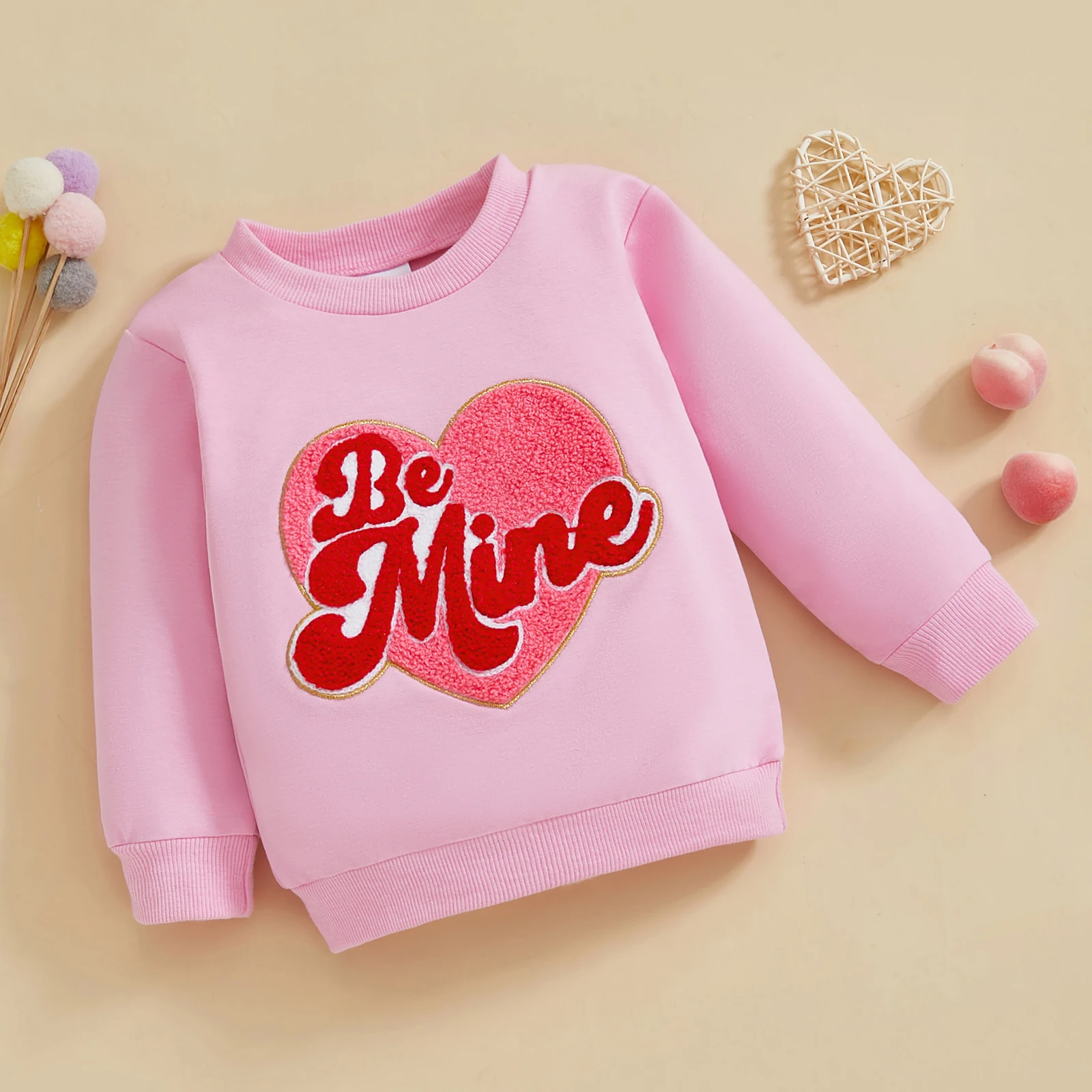 Baby Girl Valentine’s Day Sweatshirts Long Sleeve Round Neck Heart Embroidery Pullovers Tops Spring Fall Clothes