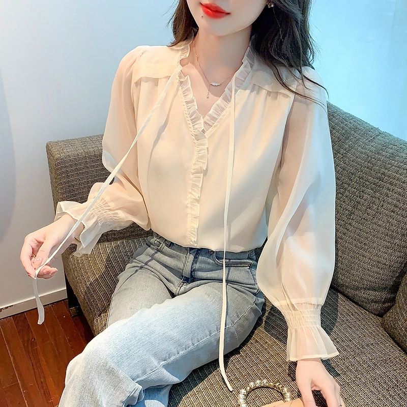 Blusas Mujer De Moda 2024 Blouses Shirts Long Sleeve V-Neck Blouse Women Apricot Chiffon Blouse Shirt Women Tops Blusa G352