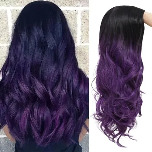 

Black to Purple Long Curly Womens Wig Ombre Purple Wavy Middle Part Hair