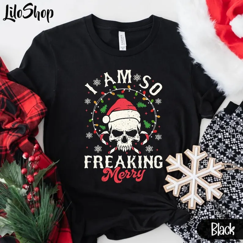 I'm So Freaking Merry Shirt Tee, Funny Christmas Shirts, Santa Clause Skull, Sarcastic Christmas Tee, Xmas Pajamas Family Tee