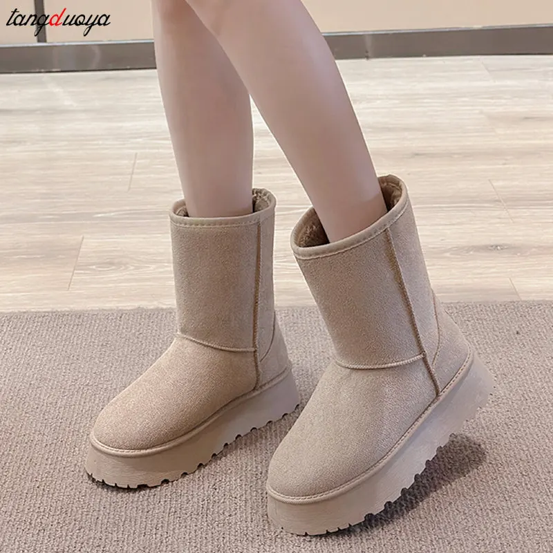 Women Suede Leather Snow Boots 2024 Winter New Causal Plush Fluffy Mid-calf Boots Women outdoor platform Anti-cold Warm Boots