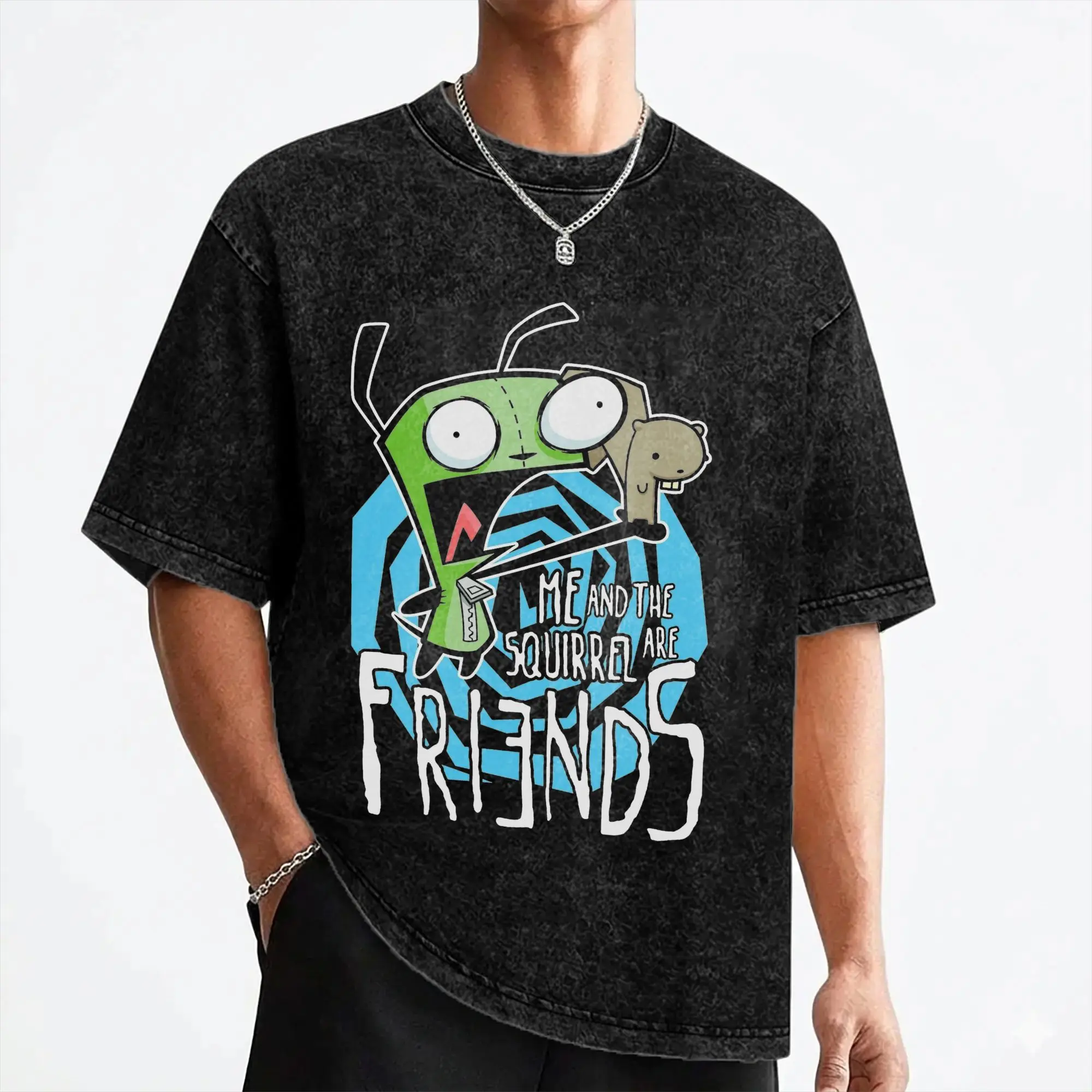 Cartoon Invaders Zim Gir Washed T Shirts Streetwear Retro T-Shirts  Tee Shirt Men Women 100% Cotton High Street Graphic Printed
