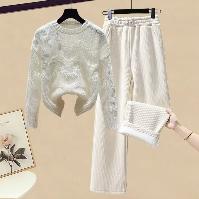 Kpop Winter New Plush Thickened Wide Leg Pants Sequin Decoration Knitted Sweater Pullover Two-piece Elegant Women\'s Pants Set