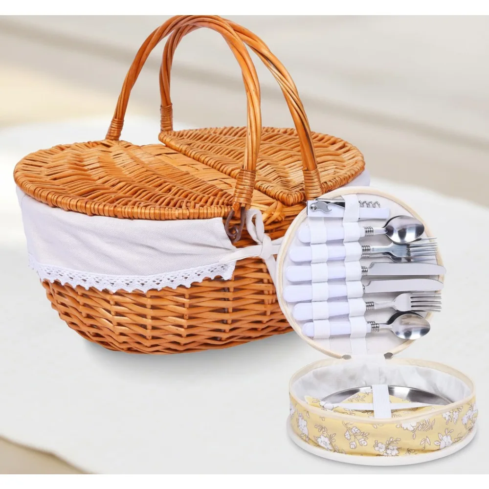 

Vintage Woven Picnic Basket Set for 4 People with Cutlery & Washable Lining - Perfect Outdoor Camping Gift