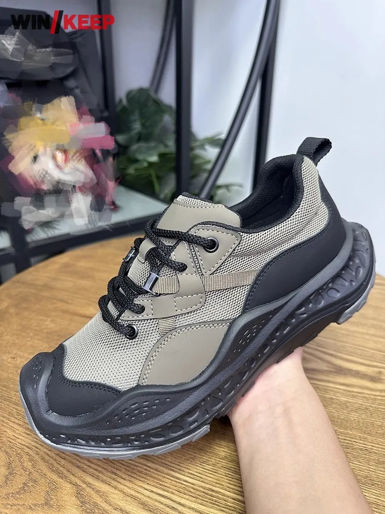 Mens New Summer Hiking Shoes Patchwork Mesh Breathable Lace Up Outdoor Sport Shoes Cushioning Platform Travel Camping Sneakers