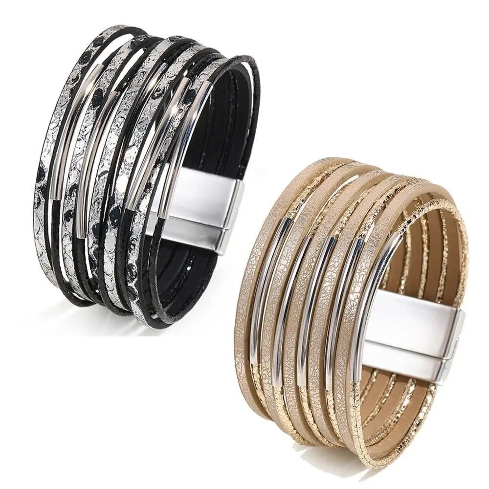 빈티지 메탈 튜브 가죽 팔찌 펑크 글리터 충전 청키 팔찌 와이드 밴드 글리터 충전 팔찌 남성 액세서리