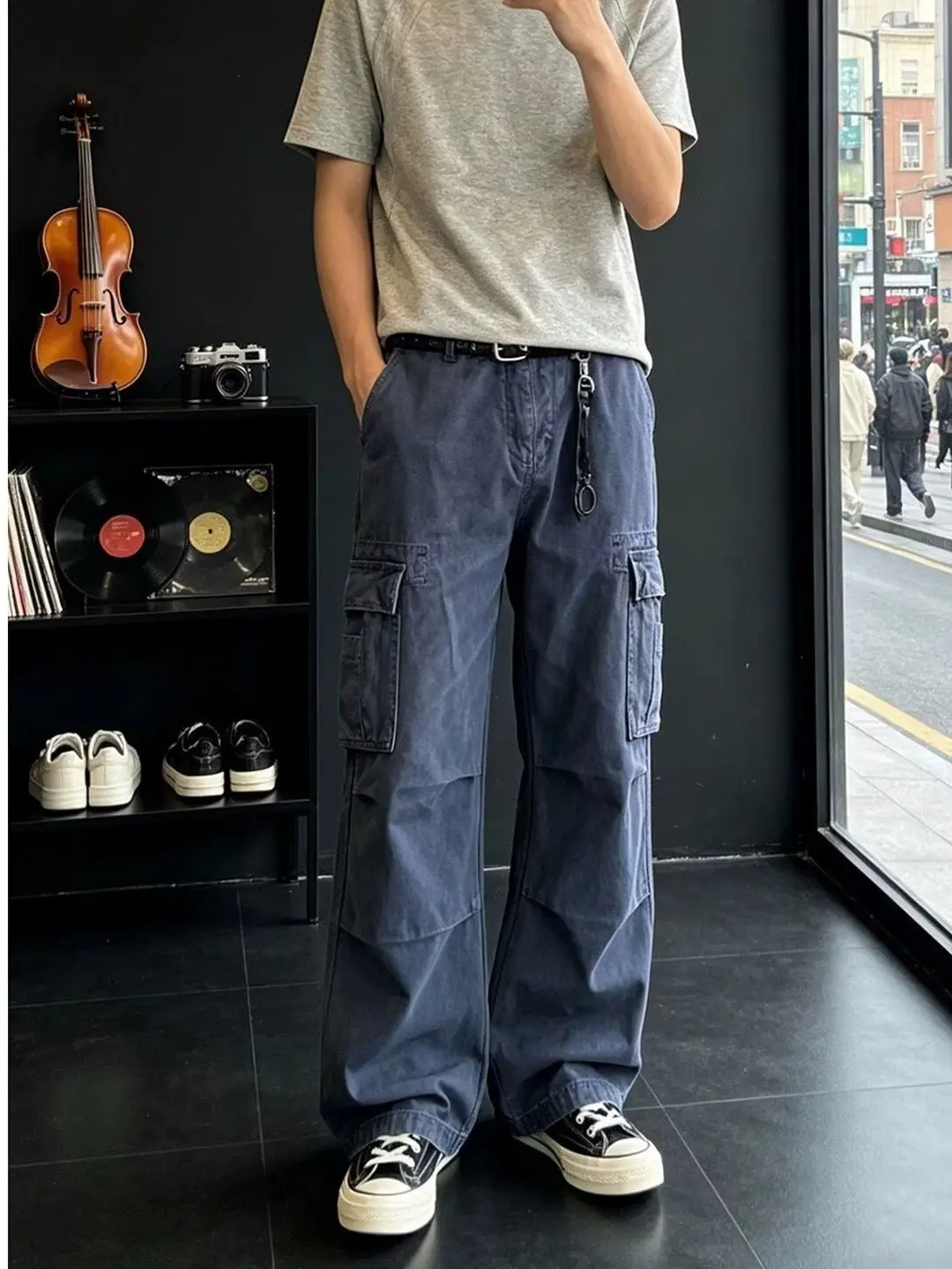 American Style Wide Leg Workwear Pants Men's Vintage Denim Jeans Multiple Pockets Heavy Wash Slimming Long Trousers