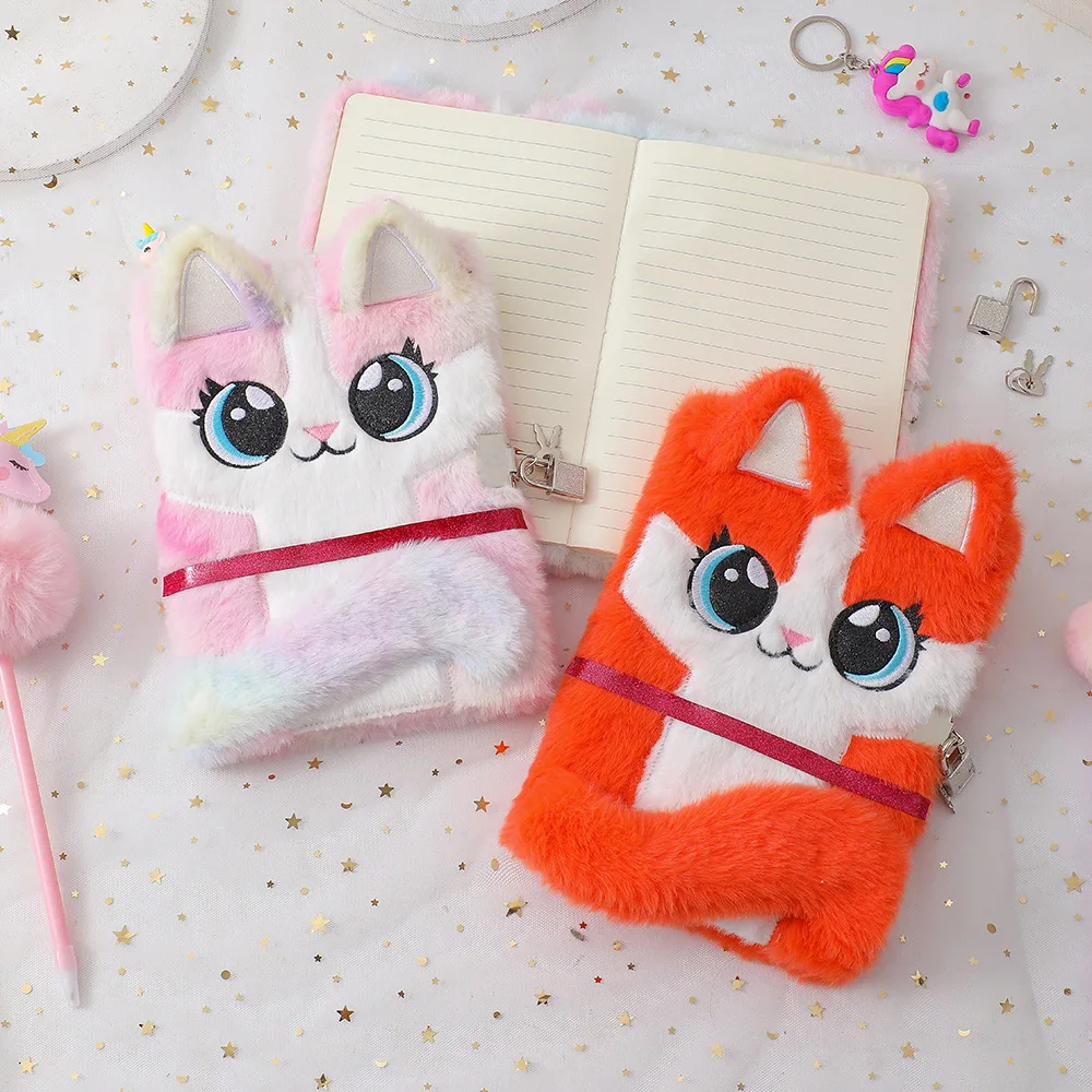 A5 Plush Kawaii Kitty Notebook Cute Cartoon Cat Diary with Lock Kawaii Cat Ear Plush Notebook Fox Diary Book School Stationery