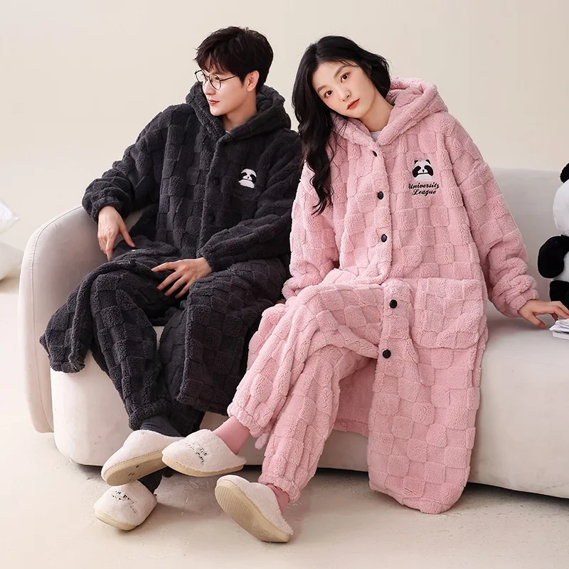 Shark Cartoon Cute Couples Nightgown 2023 New Fashion Flannel Pijamas for Women and Men Thicken Long pant Coral Fleece Sleepwear