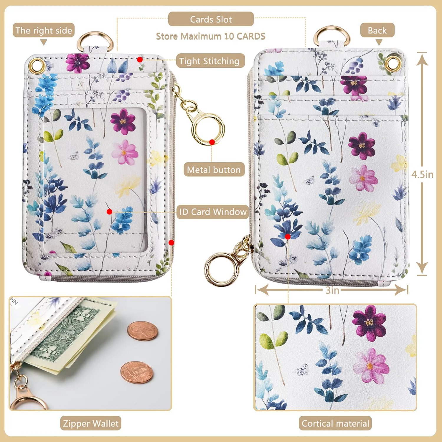 2-In-1 Id Badge Houder & Lanyard Portemonnee Voor Dames Schattige Bloemenrits Portemonnee Met Verwijderbare Pols & Nek Lanyard, Helder Venster,