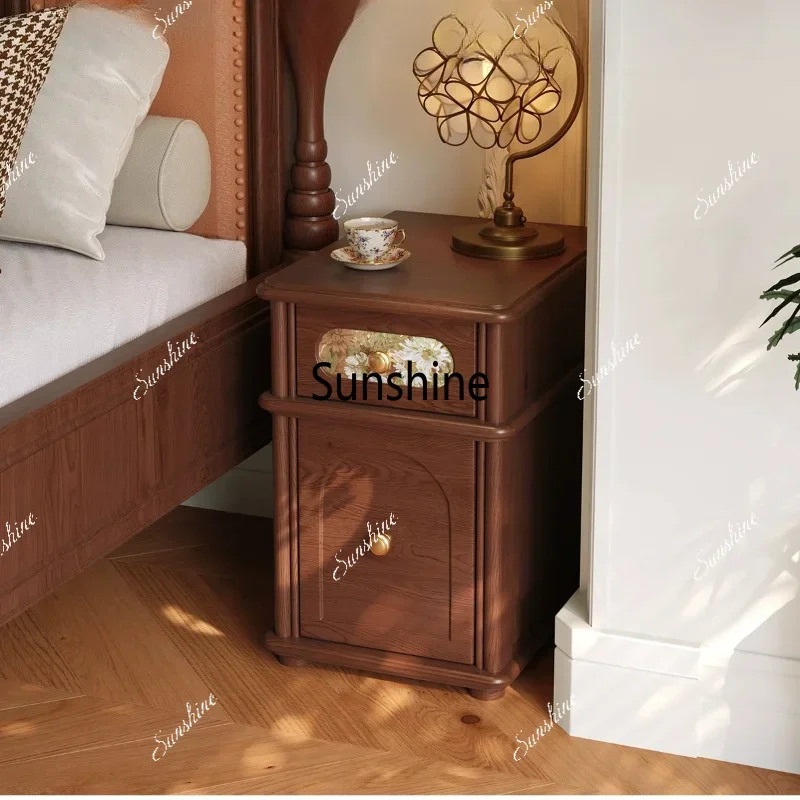 Medieval style bedside table Solid wood ultra-narrow belt lock storage cabinet Hidden compartment lockerTJ