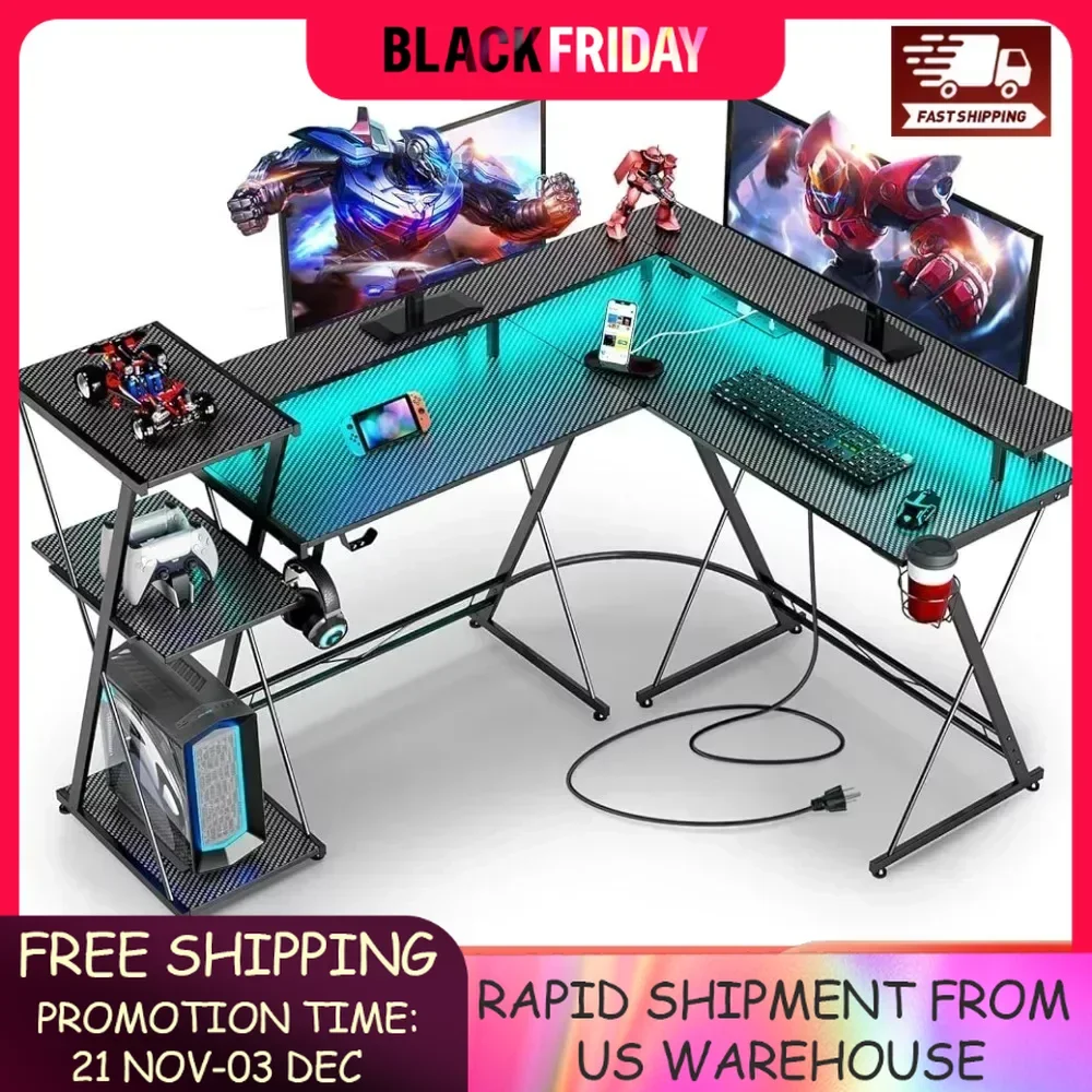 

L Shaped Gaming Desk with LED Lights & Power Outlets,50” Reversible Computer Desk with Storage Shelf & Monitor Stand,Corner Desk