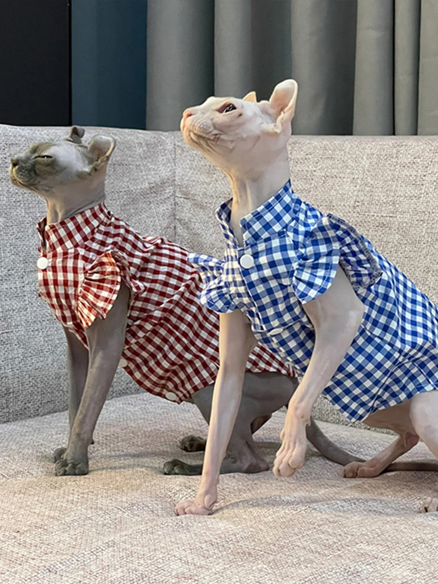 Spring Plaid Shirt for Cats Vest Short Sleeves Printing T-shirt for Sphynx Soft Coat for Kittens in Summer Autumn