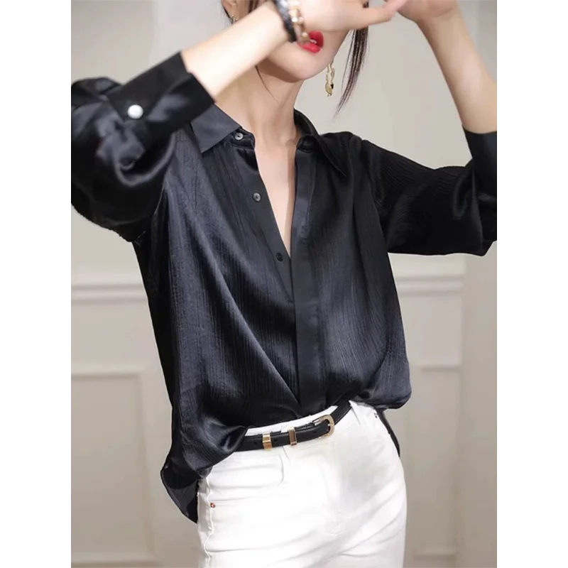 

French Elegance Satin Acetate Relaxed Long Sleeve Shirt