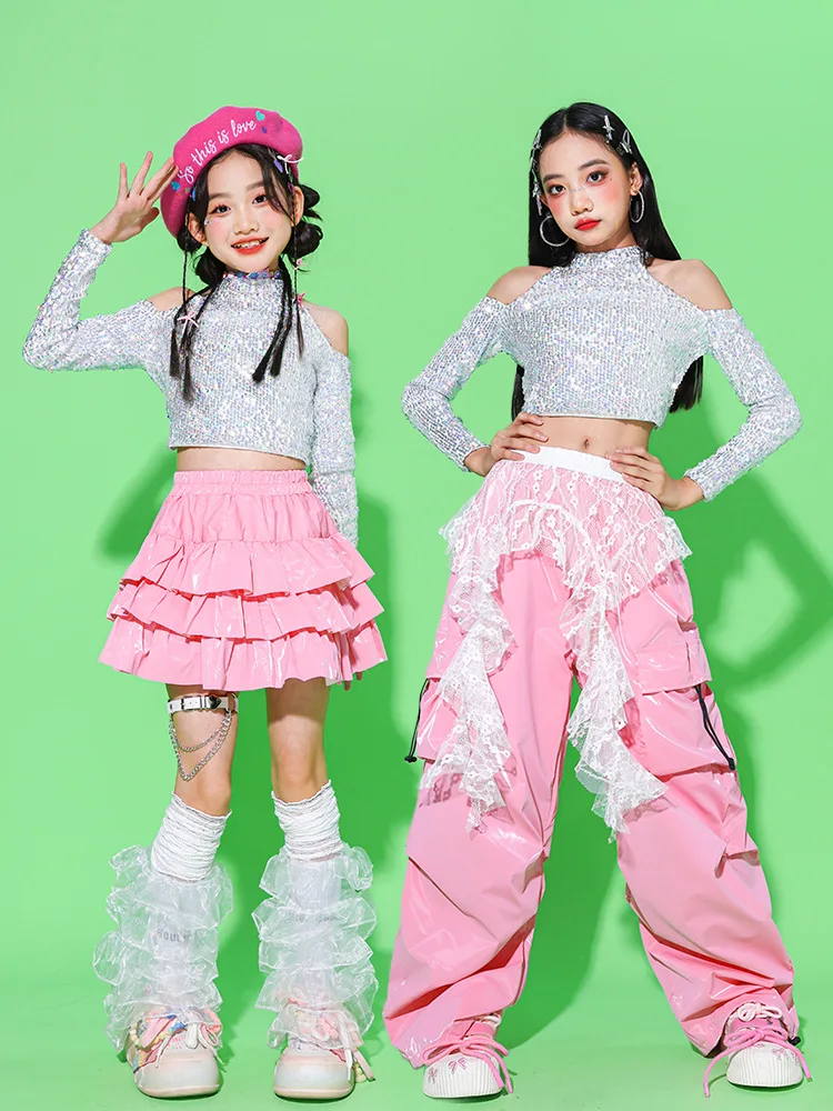 K-pop Girls Squin Crop Top Skirts Street Dance Cargo Pants Kids Hip Hop Sweet Streetwear Children Jazz Girl Group Clothes Sets