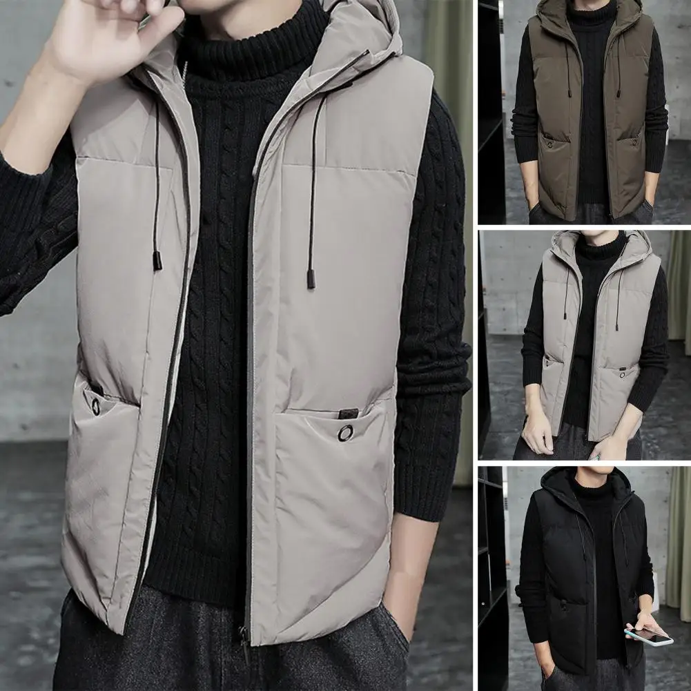 

Drawstring Pockets Zipper Placket Slim Fit Vest Jacket Men Autumn Winter Solid Color Hooded Thickened Down Waistcoat