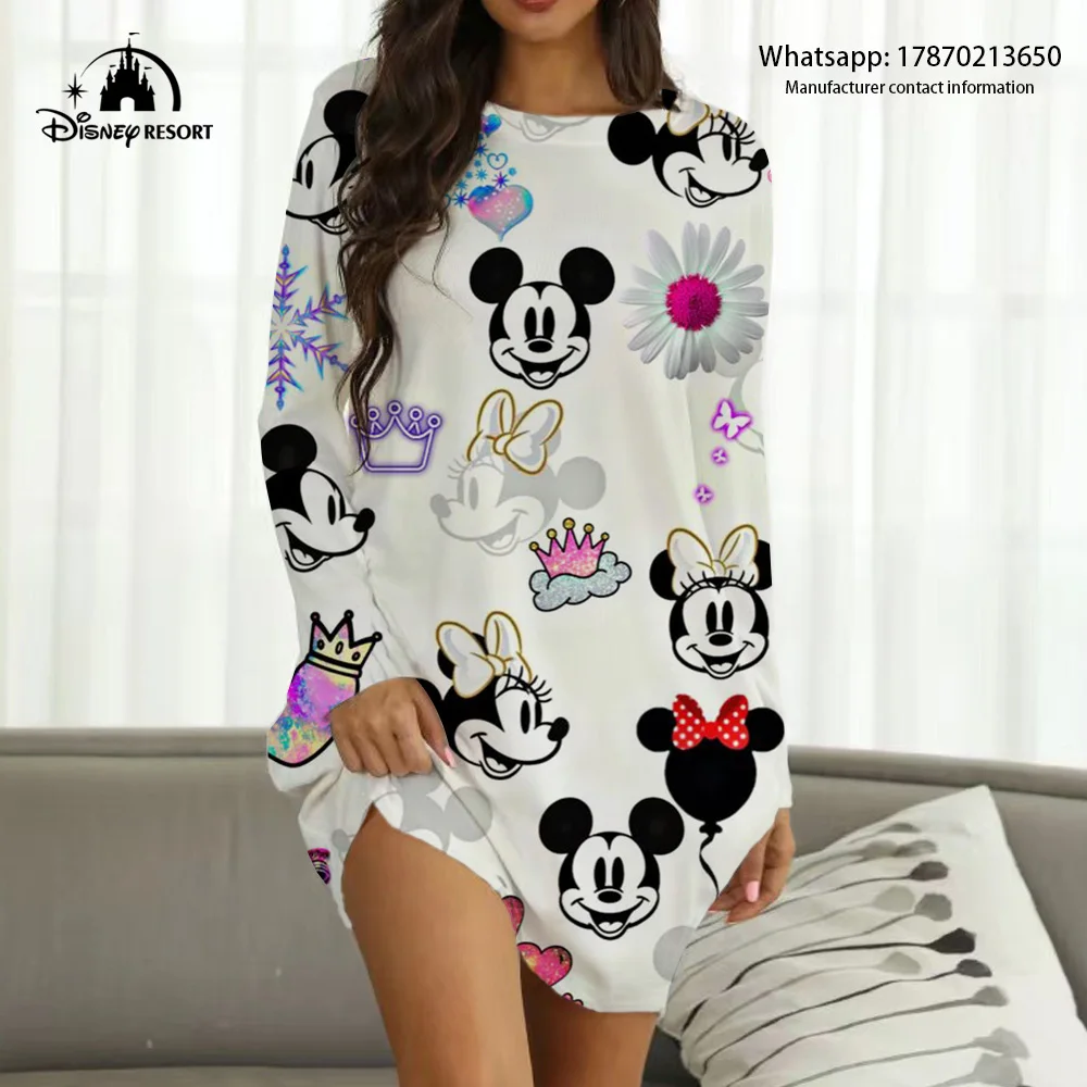 

Casual and comfortable long-sleeved home wear 2024 cartoon printed long-sleeved dress round neck home dress Minnie Kawaii dress