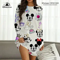 Casual and comfortable long-sleeved home wear 2024 cartoon printed long-sleeved dress round neck home dress Minnie Kawaii dress