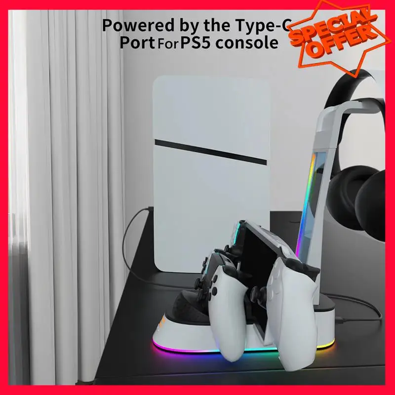 

-ESTR Charging Base With Headset Holder For PS5 Controller Charging Stand RGB Light Charging Indicator For PS5 Portal Console