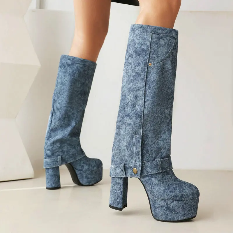 Chaussures à plateforme en denim pour femmes, bottes western, talons hauts, tube droit, bleu, nuit chaude, hiver, document, marque de luxe