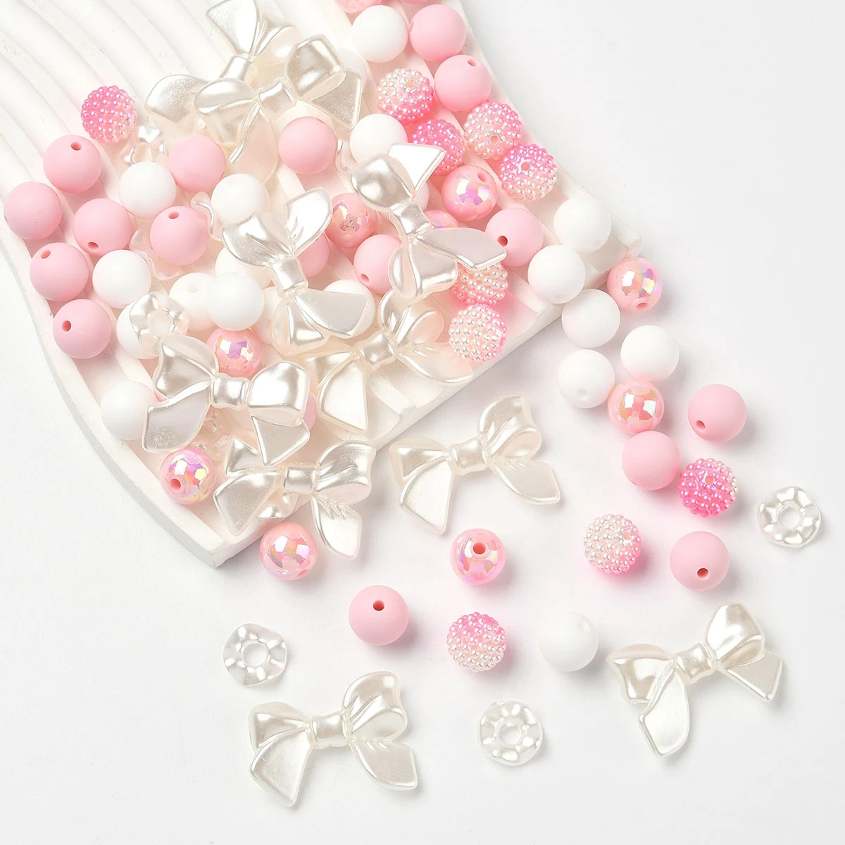 

80pcs/set DIY Beads Findings Kits - Bowknot & Round Silicone Acrylic ABS Beads + Imitation Pearl Beads for Jewelry Craft