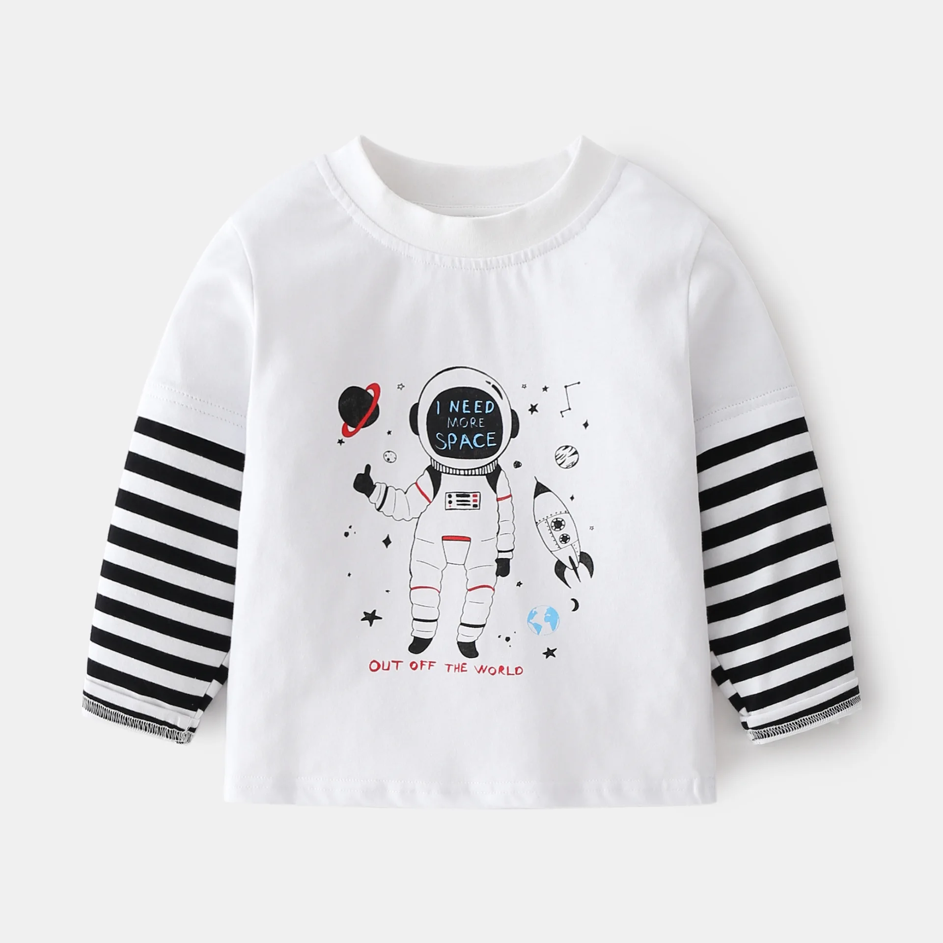 Spring Autumn Boys' Long Sleeve Casual Cotton Round Neck Spliced Striped T-shirt Kids Color-Block Printed Cartoon Top, Ages 3-8