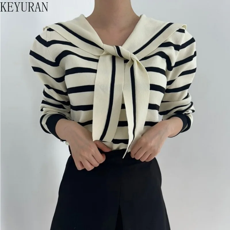 Koreański szykowny sweter z kokardą i marynarskim kołnierzem Kobiety Wiosna Jesień Vintage Długi rękaw Slim Pullover Dzianina Tops Casual Swetry