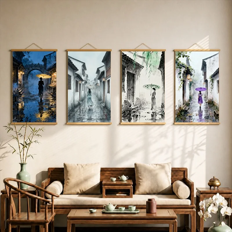Jiangnan Rainy Alley Canvas Wall Art Hanging Scroll Chinese Water Town Landscape with Wooden Rods for Living Room