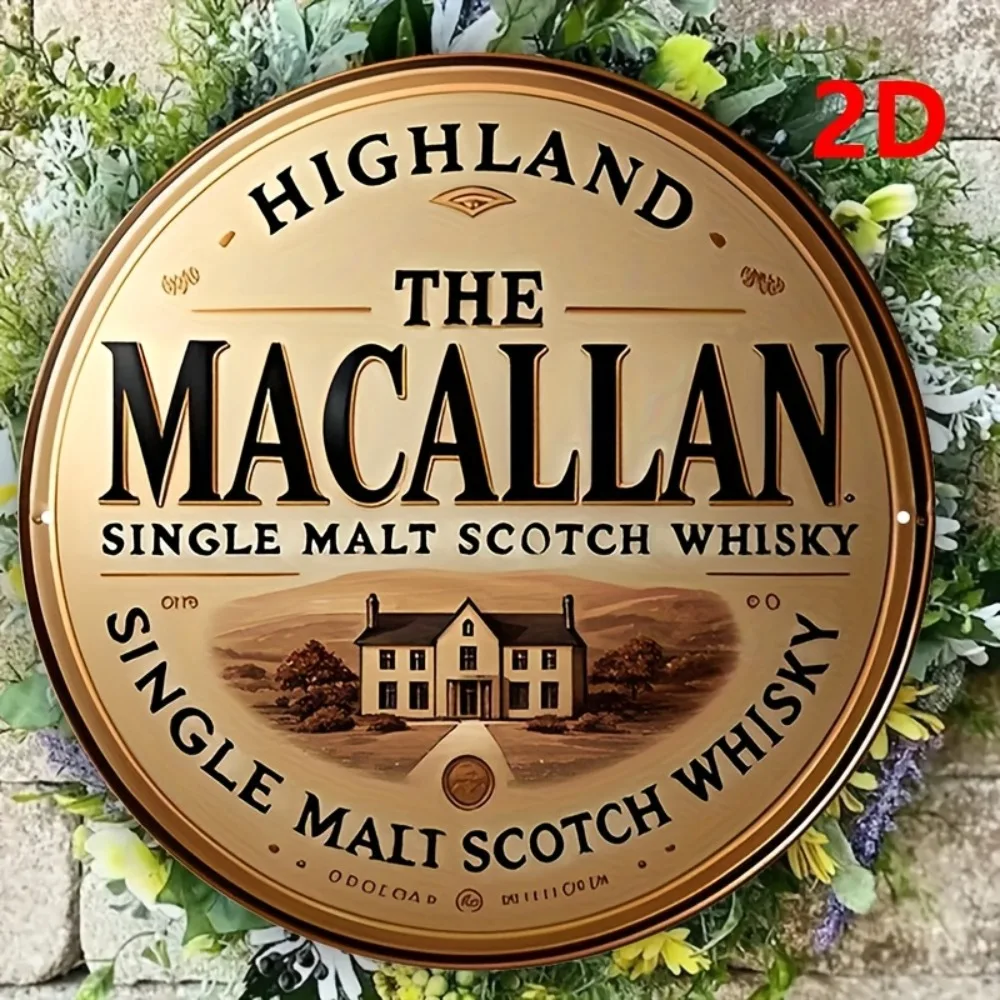 Highland Macallan Vintage 2D Letrero plano de aluminio - 7.8x7.8" Decoración rústica de pared de whisky, regalo de cocina de bar, tema escocesa