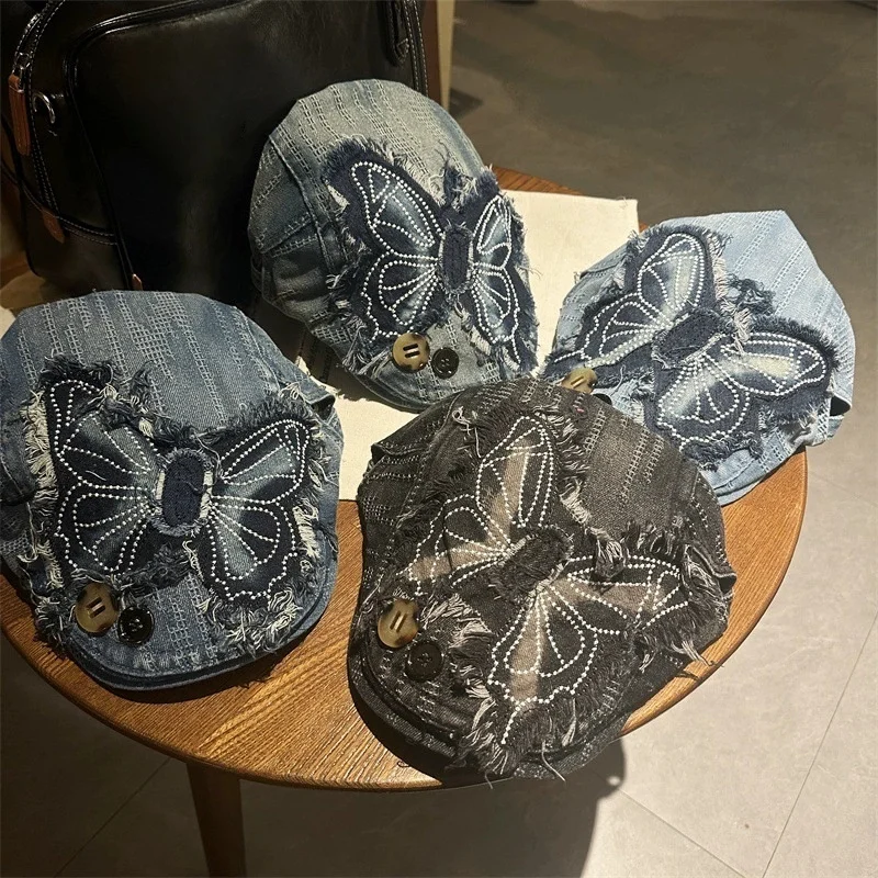 

Spicy Girl Embroidered Butterfly Fringe Denim Baseball Cap: Sweet and Edgy Spring/Summer Street Style Sun Hat