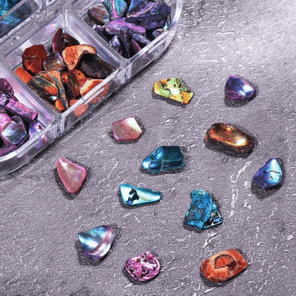 12-Grid Colored Stones Nail Decoration Luxury Retro Style Irregularly Shaped Seashell Fragment Nail Charms DIY