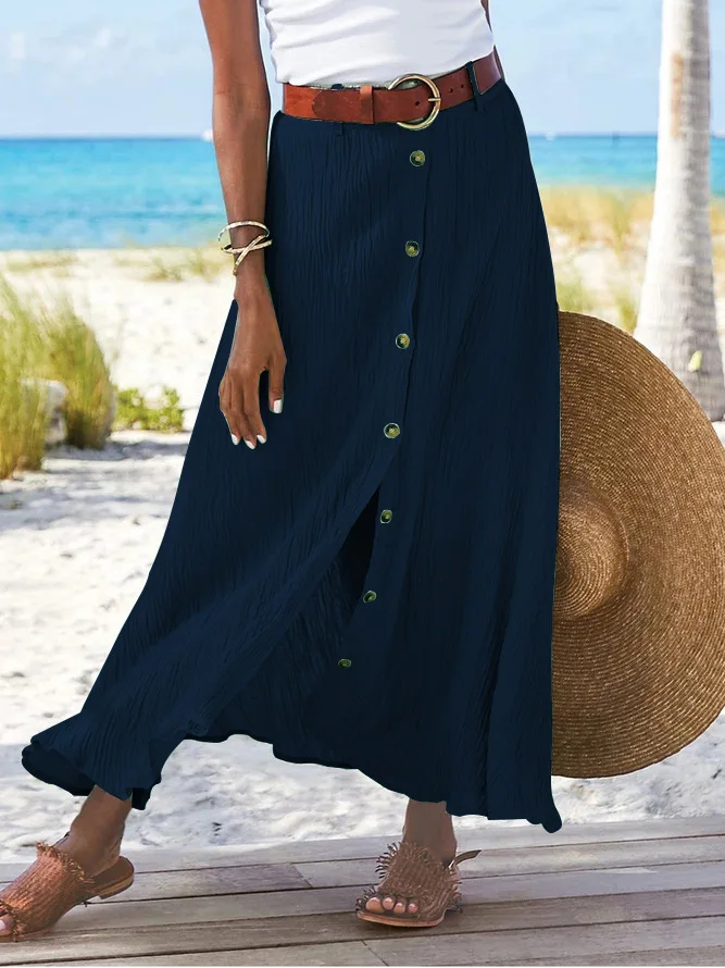 Summer Women's Skirt Cotton Linen Important Button Slit Flower Print Fashion Versatile Vacation Beach Midi Skirt