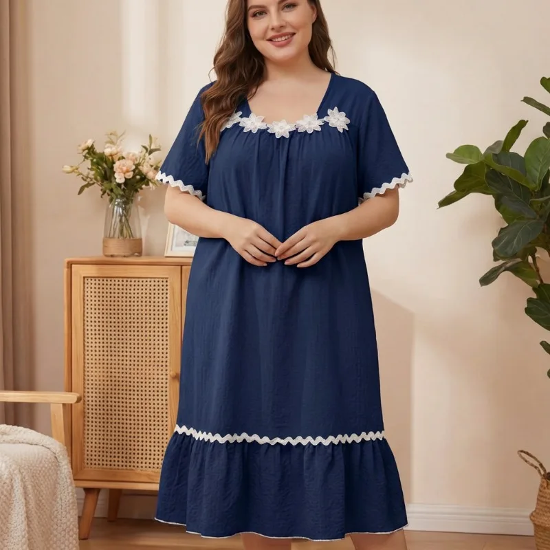 Plus Size Bubble Wrinkle Cloth Pajamas Women's Summer Short-sleeved Square Collar Long Nightgown Solid Ruffle Loose Loungewear