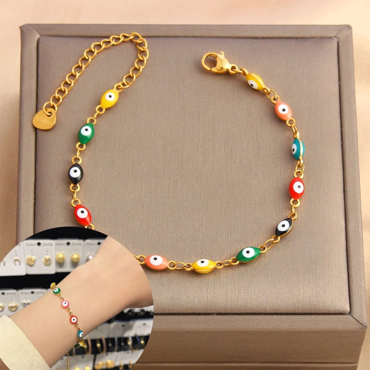 Evil Eye Bracelet Adjustable Stainless Steel Colorful Drip Painting Boho Protection Jewelry Women