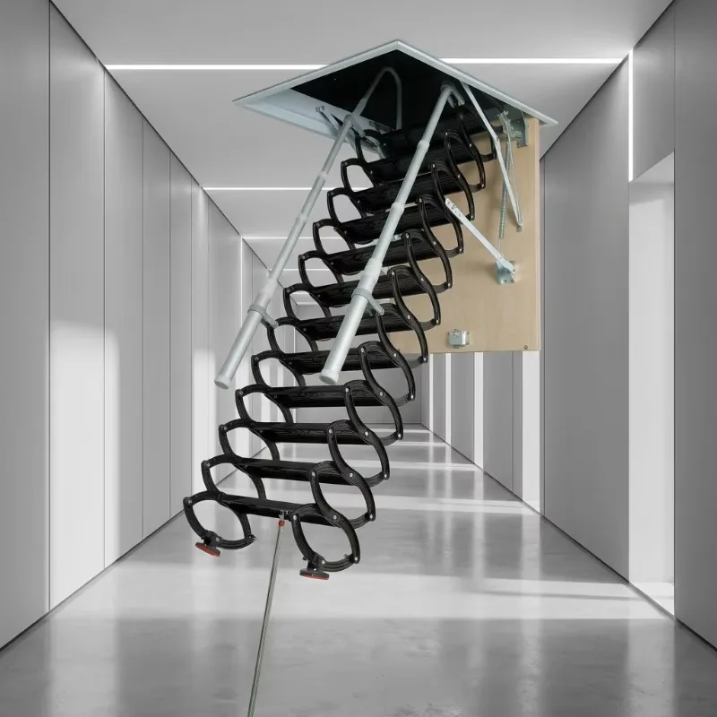 

Villa Indoor Outdoor Loft Staircase, Modern Manual Invisible Retractable Folding Telescopic Wall-Mounted Steel Ladder