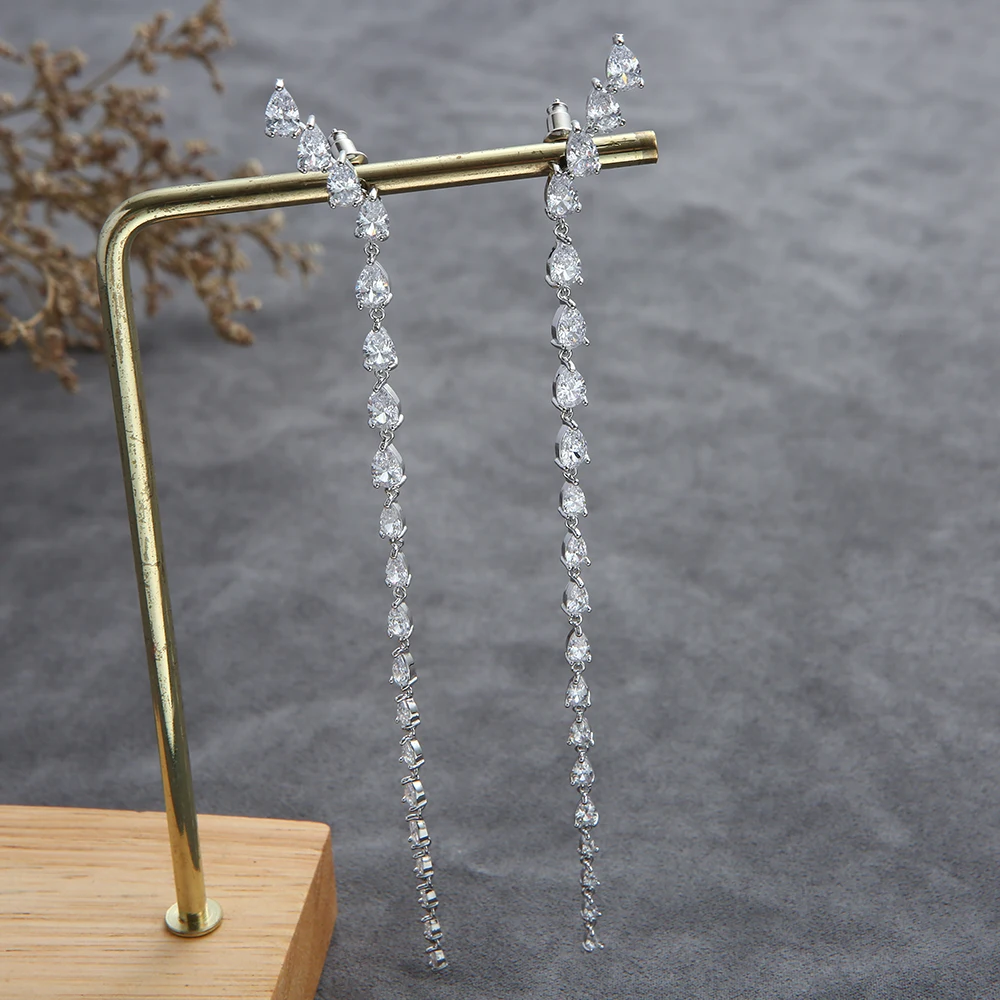 

Super Long Water Drop Tassel Drops Geometry Cubic Zirconia American Wedding Party Earring Fashion Jewelry for Women E7898