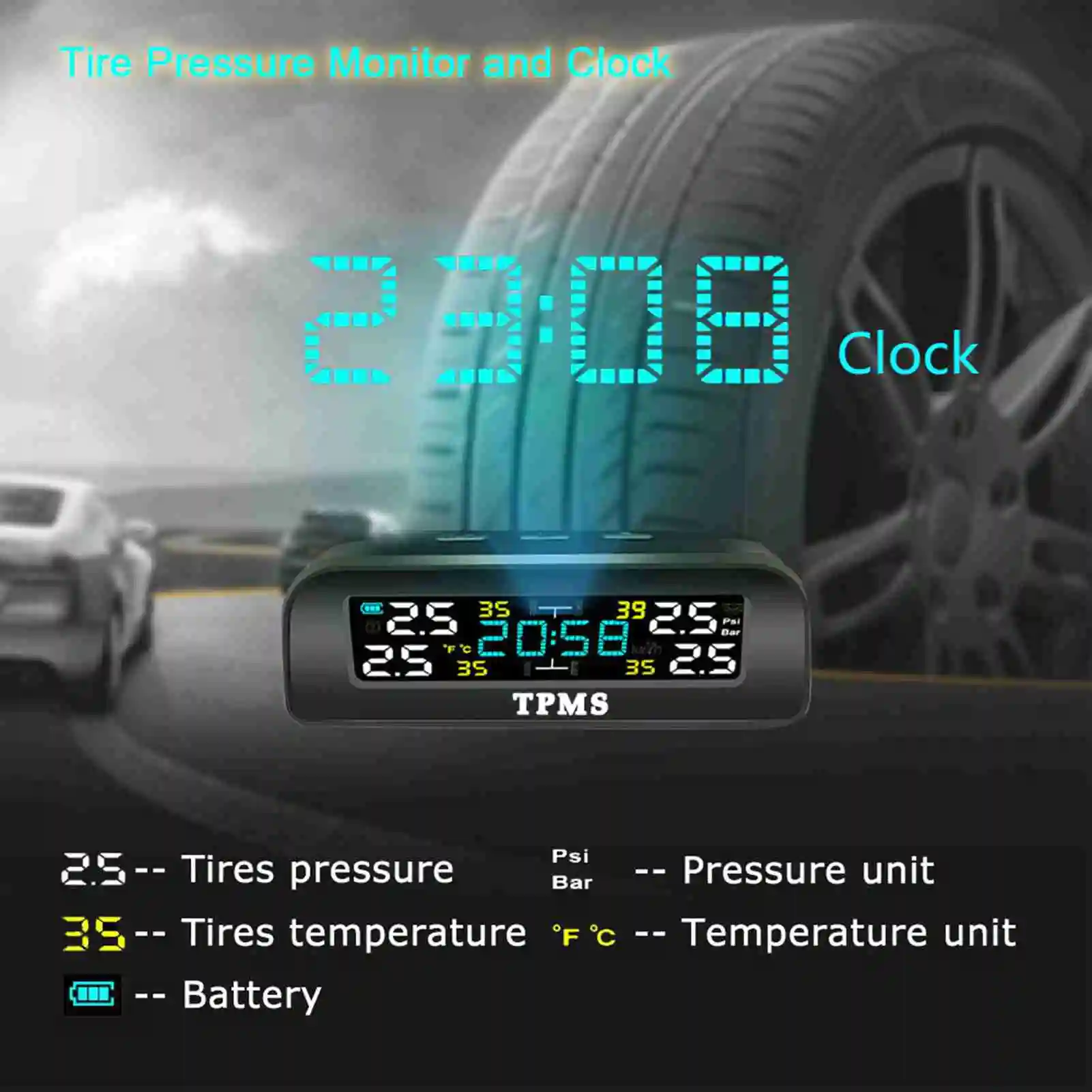 Solar Tire Pressure Monitor System Automobile Tire Pressure Alarm Clock Tire Detector 360 ° Rotatable Tire Pressure Monitoring