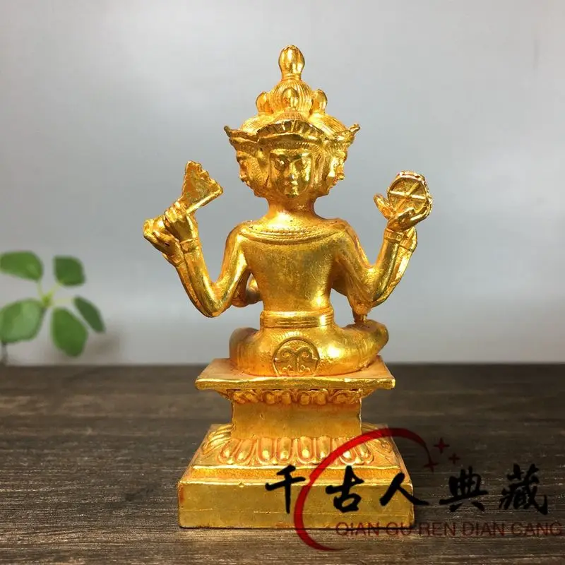 Brass gilt four-sided Buddha tabletop is dedicated to the Thai god, Brahma ornament, antique bronze ware, lucky feng shui decora