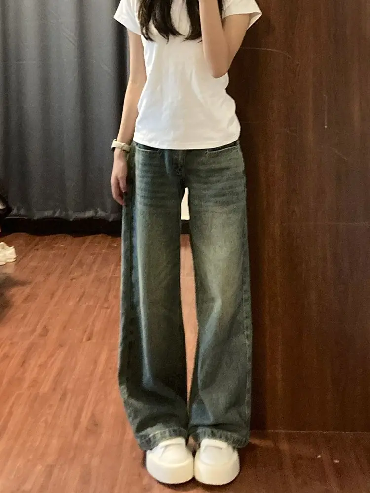 American-style Washed Retro Micro-la Wide-leg Jeans Women's Spring New High Waist Loose Slim Straight Mop Pants.