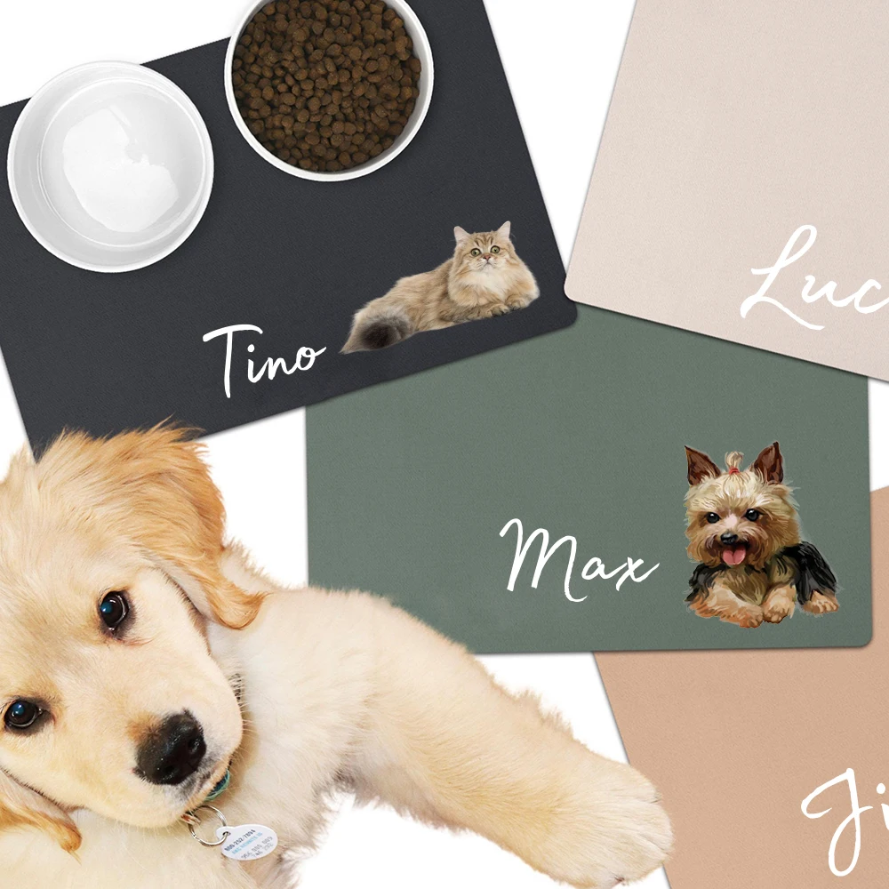 

Custom Pet Food Bowl Mat With Photo PU Waterproof Personalized Placemat for Dog Cat Drinking Feeding Pad Accessories