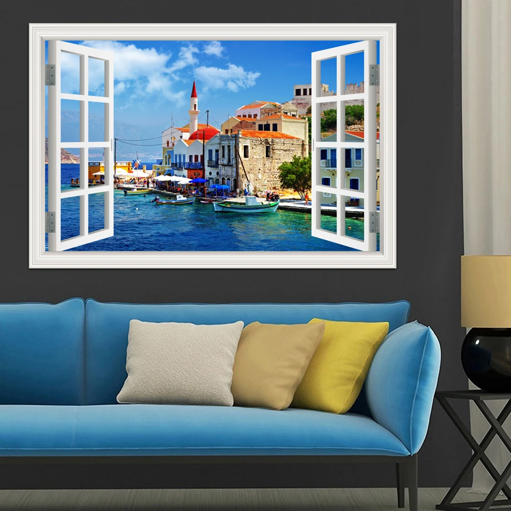 Greece City Landscape 3D Window View Wall Sticker Water City Vinyl Decal Aesthetic Kitchen Room Decor Wallpaper Sticker