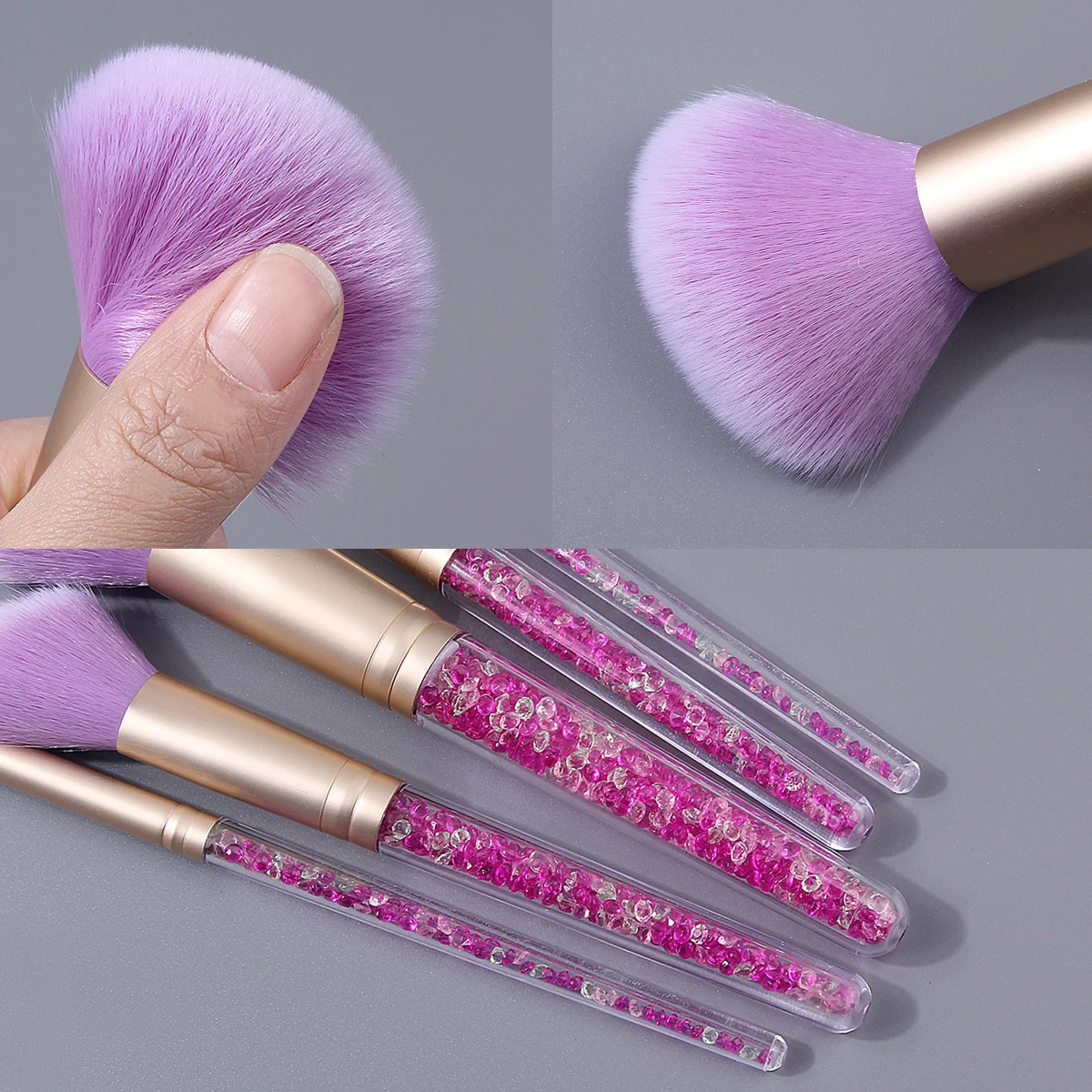 مجموعة فرش مكياج لامعة أرجوانية مكونة من 5 قطع - فرشاة وجه لظلال العيون ذات شعيرات ناعمة - أدوات تجميل بمقبض لامع