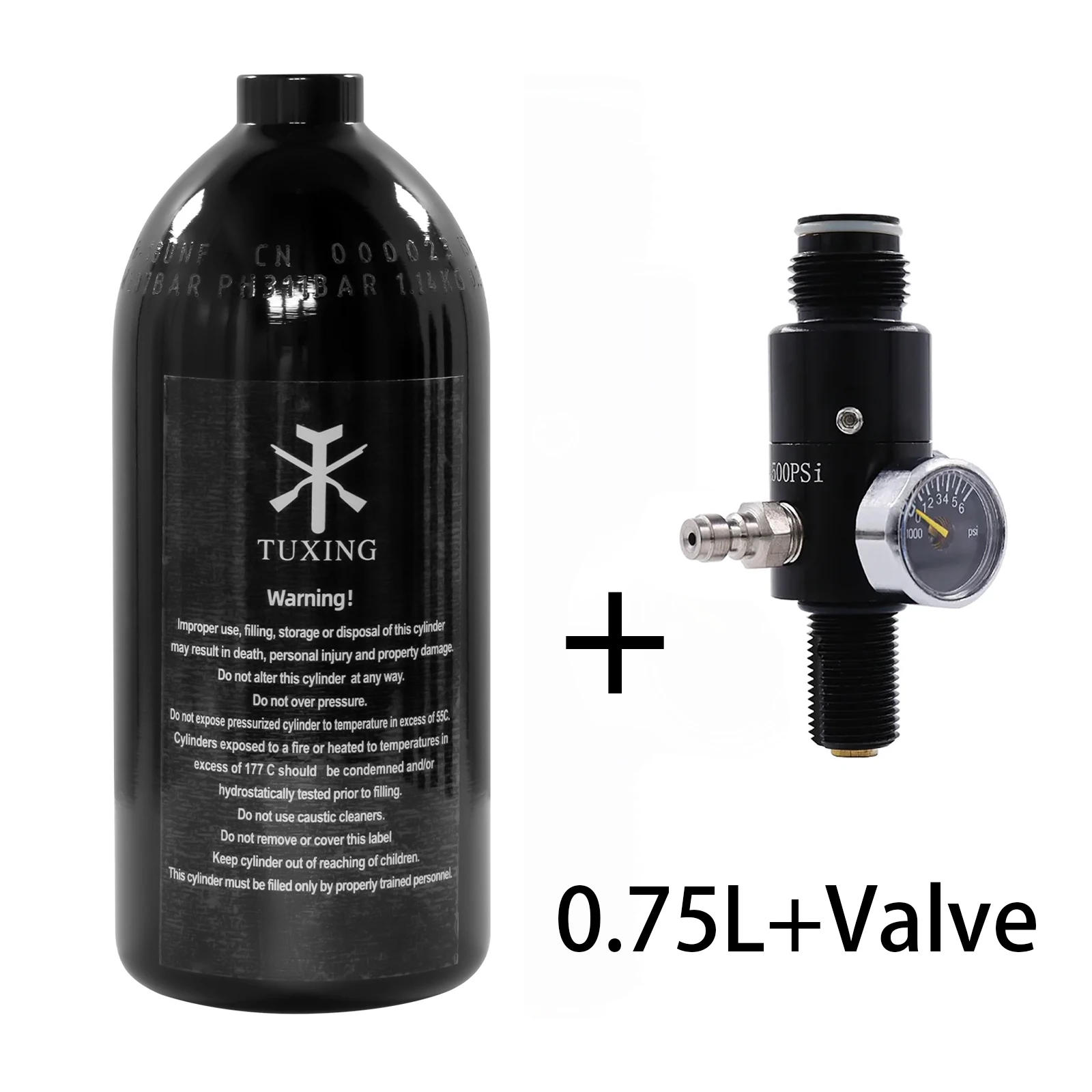 TUXING 3000psi 0.75L 750cc High Pressure Aluminum Cylinder Air Tank Oxygen CO2 Bottle Filling with Regulating Valve 5/8