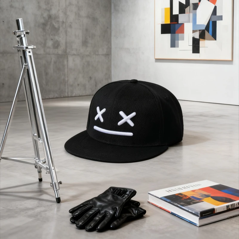 Baseball Cap Cotton Embroidered Smiley Face Unisex Flat Brim Snapback Hat Casual Outdoor Sport Fashion Hip Hop Streetwear Gift