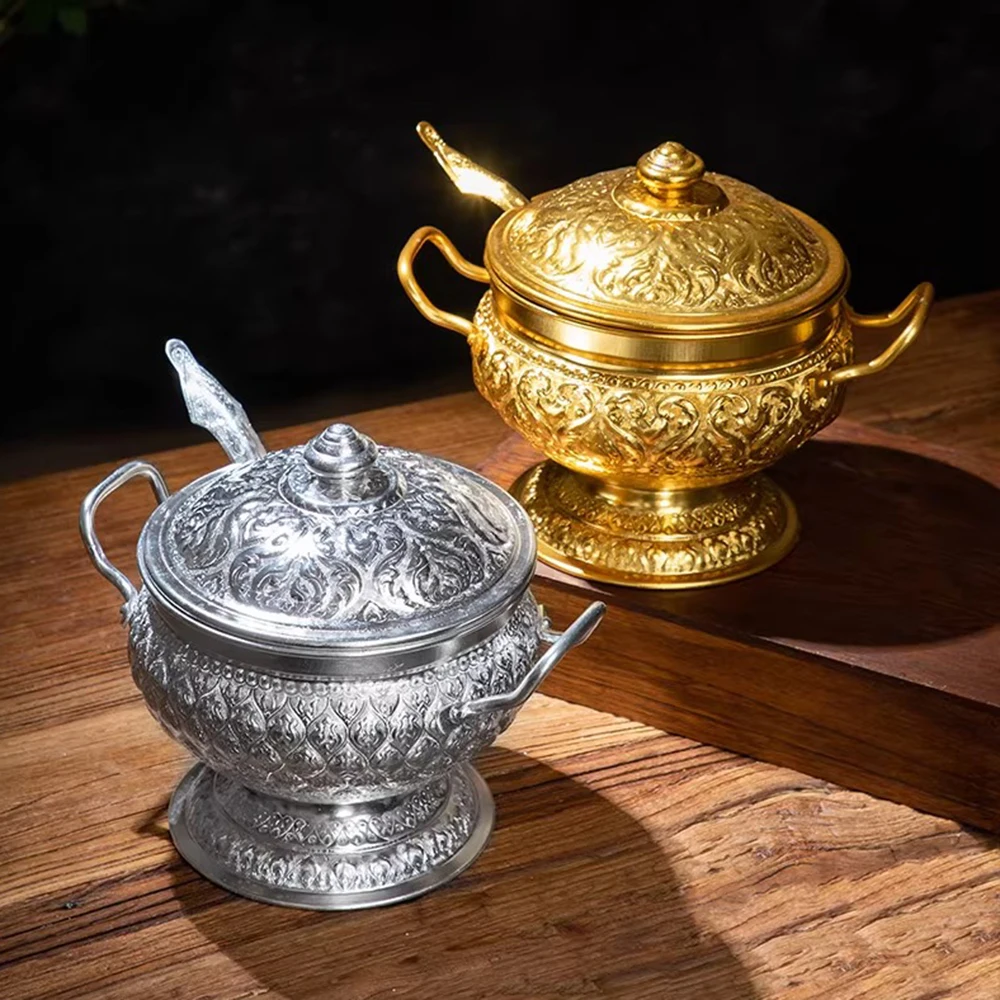 وعاء حساء من القصدير السيامي التايلاندي، وعاء توم يوم جوونج التقليدي المصنوع يدويًا، وعاء طعام بارد مع ملعقة، أدوات مائدة تايلاندية للمطبخ المنزلي