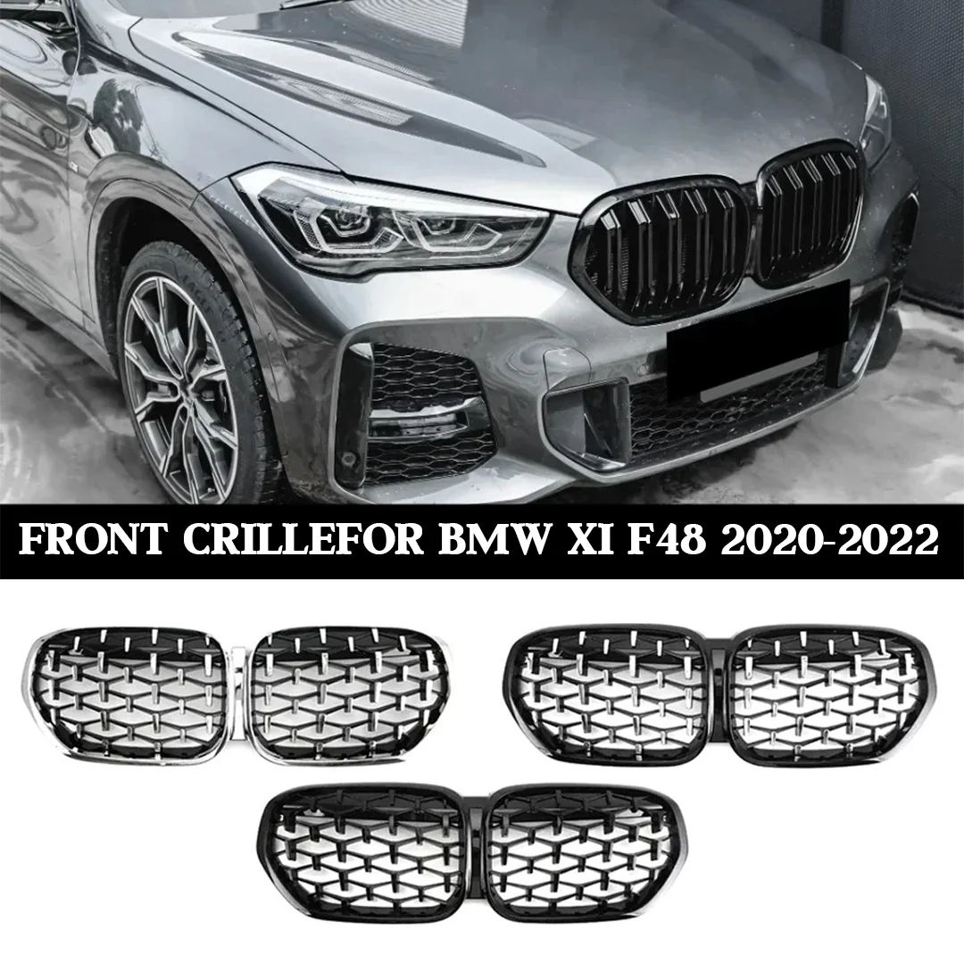 

Передняя решетка почек для BMW X1 F48 LCI 2020-2022, замена гоночной решетки серебристой ромбовидной сетки глянцевого черного цвета