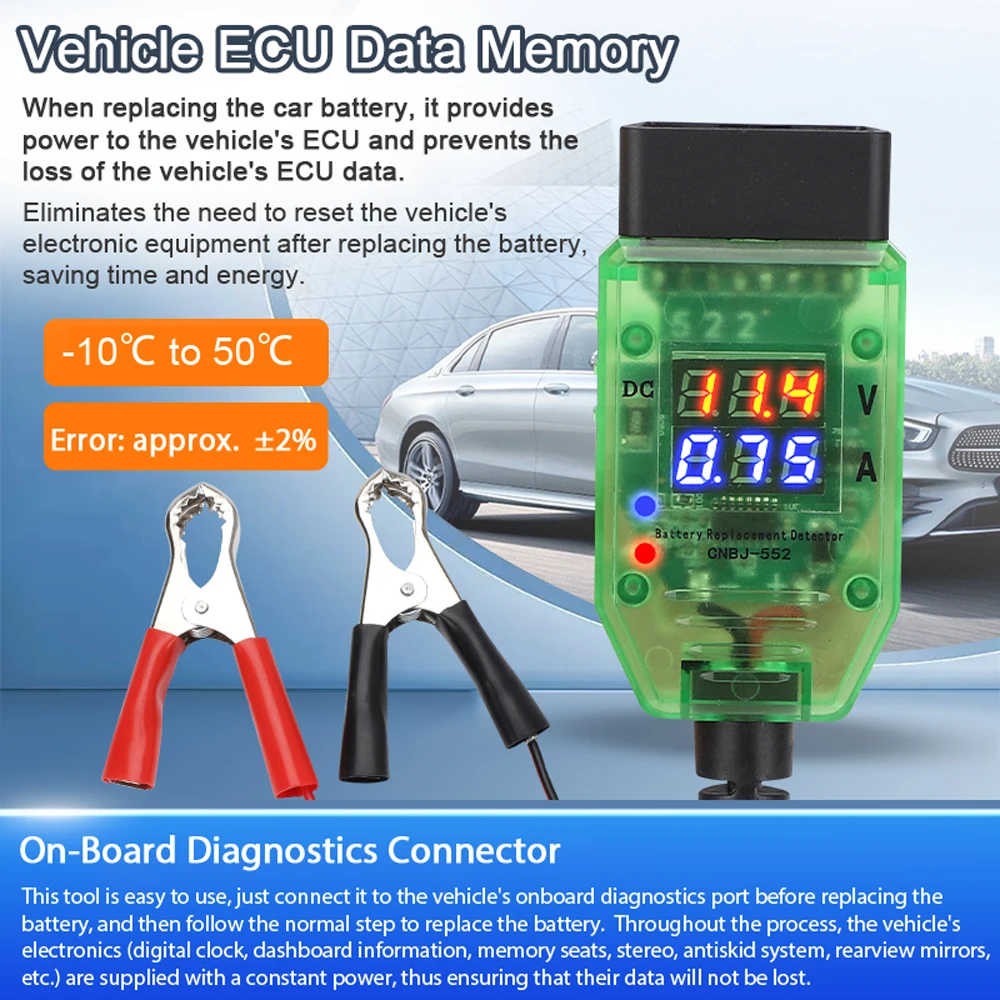 12V Car OnBoard Diagnostics Tester Automotive Battery Replacement Tool Computers ECU Memory Saver Battery Leakage Detection Tool